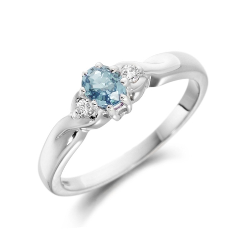 6X4mm Oval Aquamarine Three Stone Diamond And Gemstone Engagement Ring