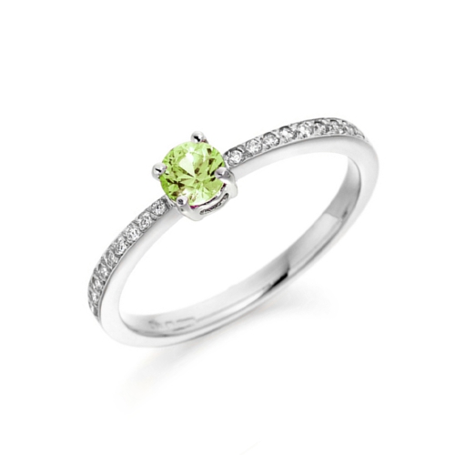 5X5mm Round Peridot Side Stone Diamond And Gemstone Engagement Ring