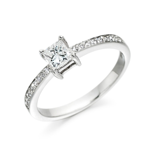 4 Prong Princess White Gold Side Stone Engagement Rings