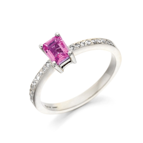 5.5X4mm Emerald Shape Pink Sapphire Stones On Shoulder Diamond And Gemstone Engagement Ring