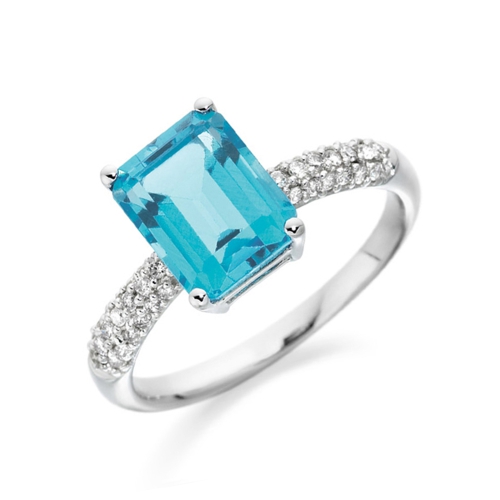 8X6mm Radiant Blue Topaz Stones On Shoulder Diamond And Gemstone Engagement Ring