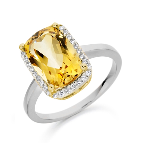 4 Prong Cushion Citrine Gemstone Diamond Ring