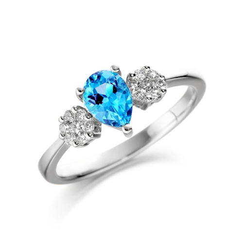 4 Prong Pear Blue Topaz Gemstone Diamond Rings