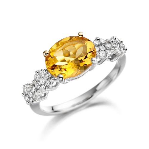 6X4mm Oval Citrine Stones On Shoulder Diamond And Gemstone Engagement Ring