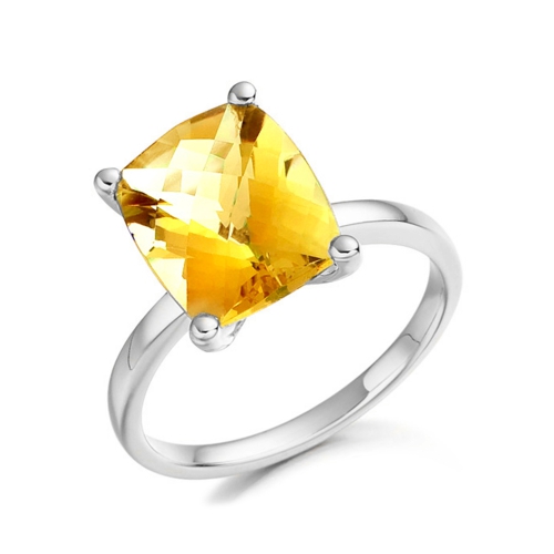 4 Prong Cushion Citrine Gemstone Diamond Ring