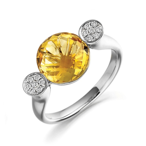 Pave Setting Round Citrine Gemstone Diamond Ring