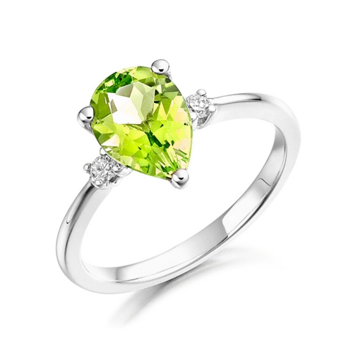 7X5mm Pear Peridot Three Stone Diamond And Gemstone Engagement Ring