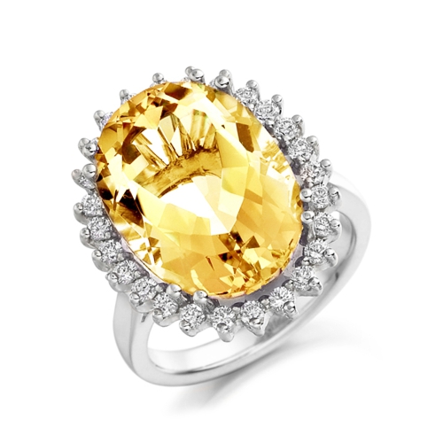 4 Prong Oval Halo Citrine Gemstone Diamond Ring