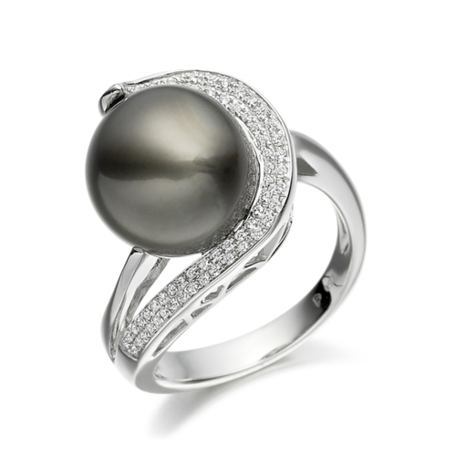 7mm Round black Pearl with Multiple Stones Diamond Ring