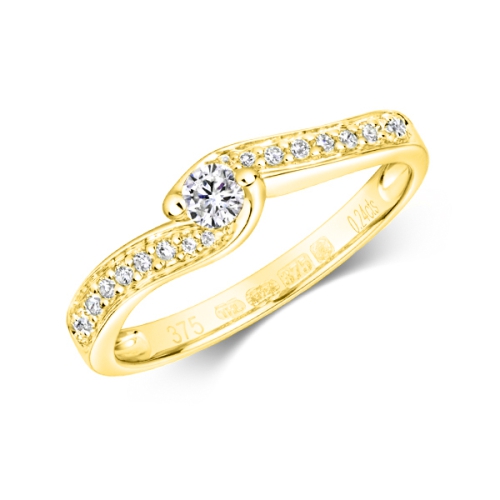 Pave Setting Round Yellow Gold Side Stone Engagement Rings