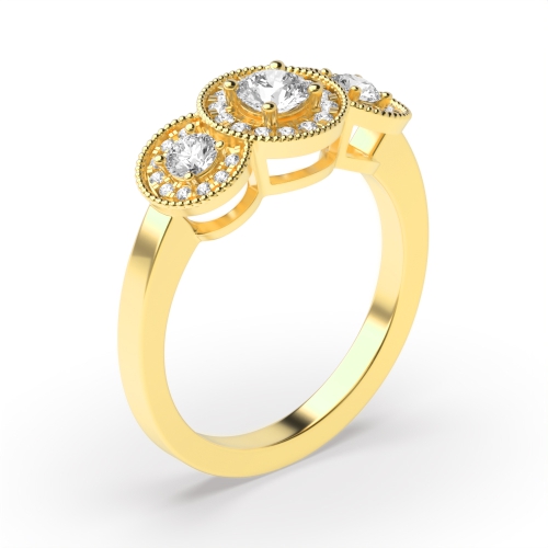 prong setting round shape trilogy halo diamond ring