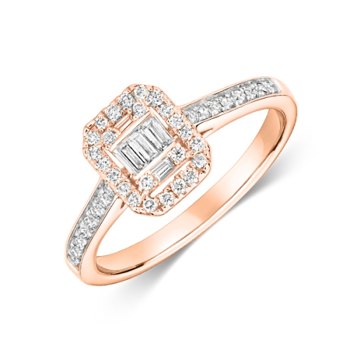 Pave Setting Emerald/Round Rose Gold Row Engagement Rings