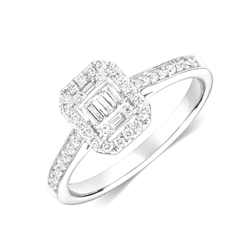 Pave Setting Emerald/Round Row Side Stone Engagement Rings