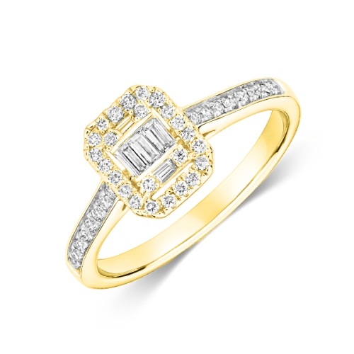Pave Setting Emerald/Round Yellow Gold Row Engagement Rings