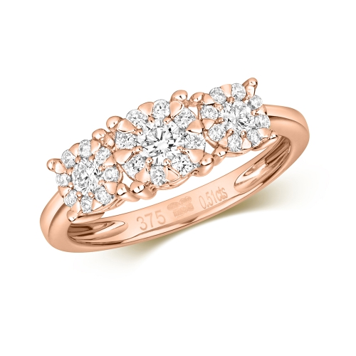4 Prong Round Rose Gold Cluster graduated Trilogy Engagement Rings