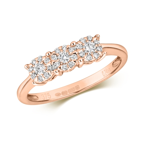 4 Prong Round Rose Gold Equal clusters Trilogy Engagement Rings