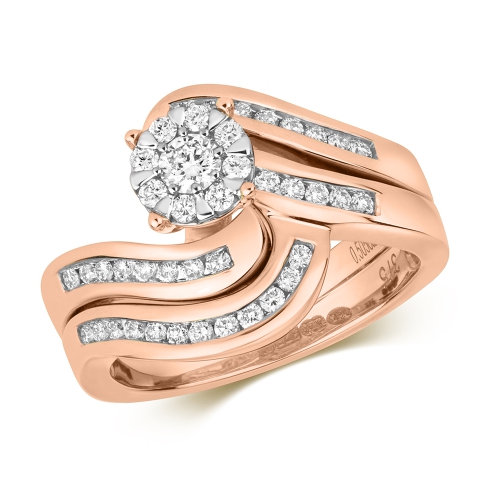 Pave Setting Round Rose Gold Wave Engagement Rings