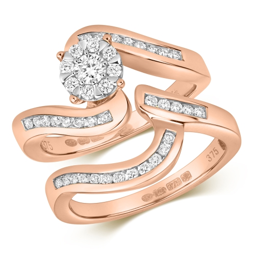 Pave Setting Round Rose Gold Wave Engagement Rings