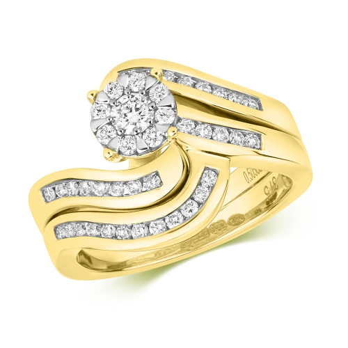 Pave Setting Round Yellow Gold Wave Engagement Rings