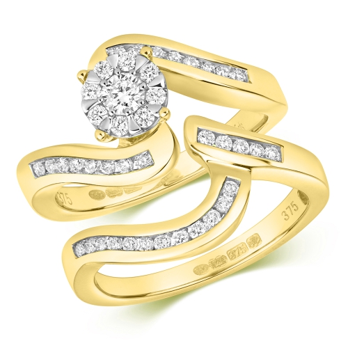 Pave Setting Round Yellow Gold Wave Engagement Rings