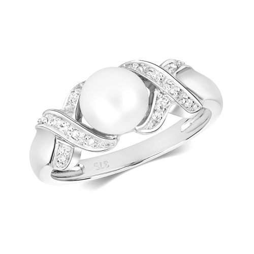 Freshwater White Pearl And Pave Setting Side Stone Rings