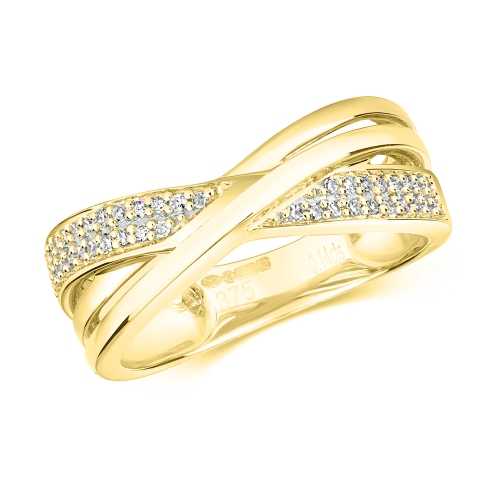 Pave Setting Round Yellow Gold Crossover diamond and plain Eternity Engagement Rings