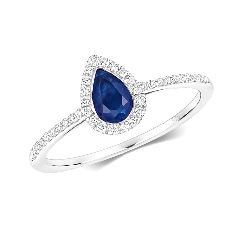 Prong Pear Diamond orb Blue Sapphire Engagement Rings