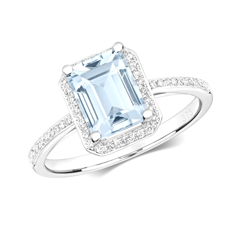 4 Prong Emerald Halo crown Aquamarine Engagement Rings