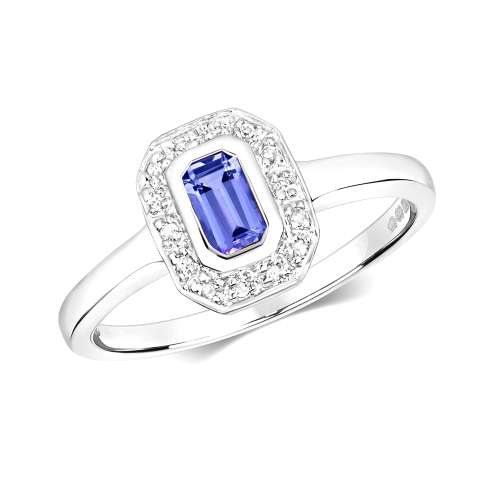 bezel setting emerald shape color stone and side diamond ring