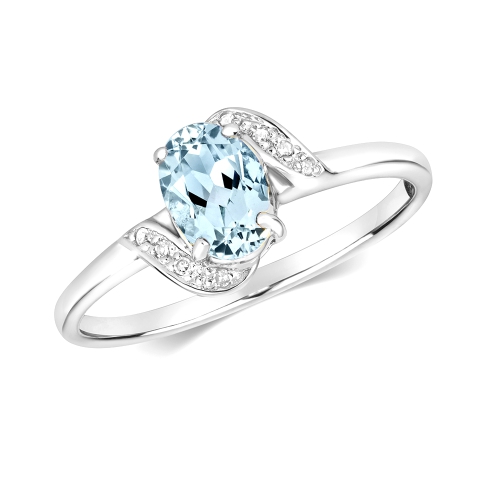 4 Prong Oval Aquamarine Gemstone Diamond Rings