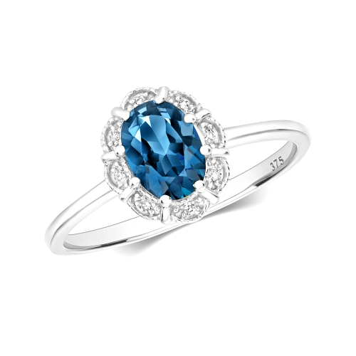 Pave Setting Oval Whisper Luster Blue Topaz Gemstone Diamond Ring