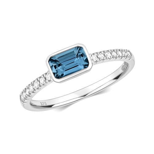bezel setting emerald shape color stone and side round diamond ring
