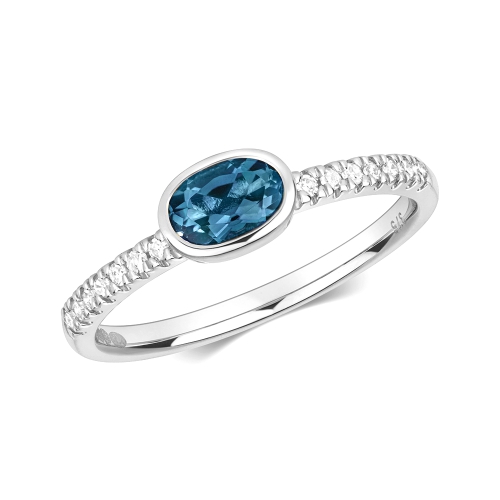 Bezel Setting Oval Blue Topaz Gemstone Diamond Ring