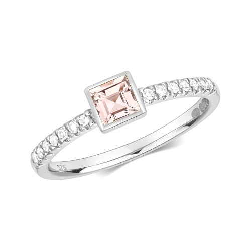 bezel setting princess shape color stone and side round diamond ring