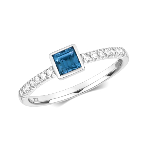 Bezel Setting Princess Blue Topaz Gemstone Diamond Ring