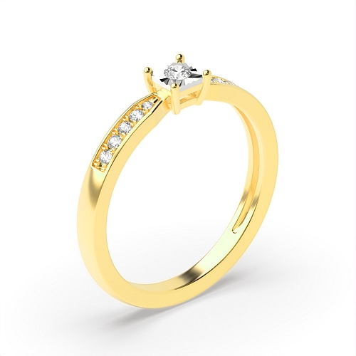 4 Prong Round Yellow Gold Illusion set side stone Engagement Rings