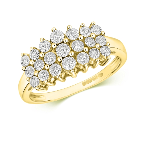 Prong Round Yellow Gold 3 row illusion big Engagement Rings