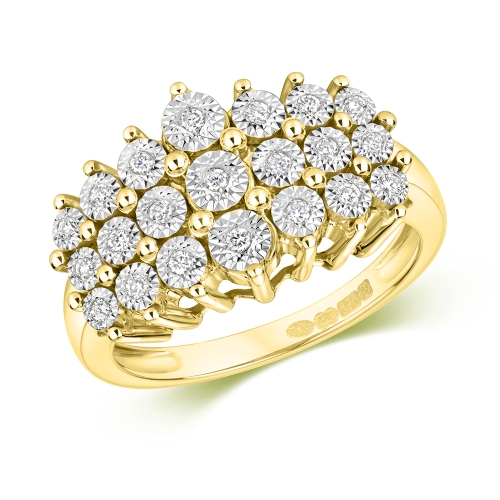 3 Prong Round Yellow Gold Row illusion Engagement Rings