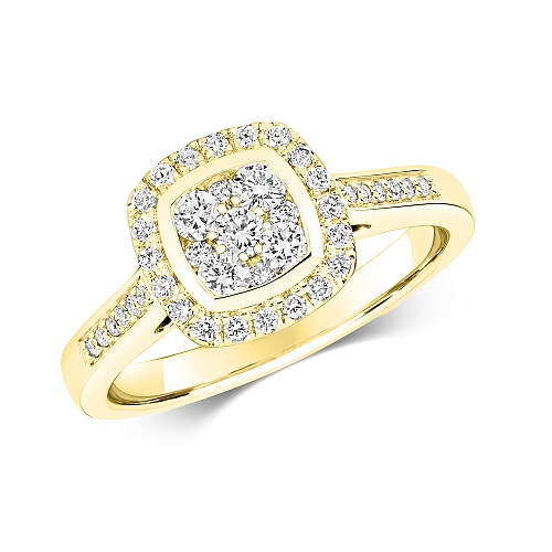 Pave Setting Round Yellow Gold Shaped cushion halo Engagement Rings