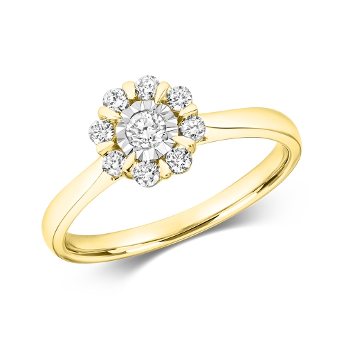 Pave Setting Round Yellow Gold Illusion set flower Engagement Rings