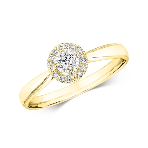 4 Prong Round Yellow Gold Illusion set halo Engagement Rings