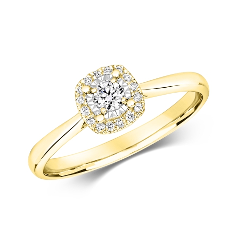4 Prong Round Yellow Gold Illusion cushion halo Engagement Rings
