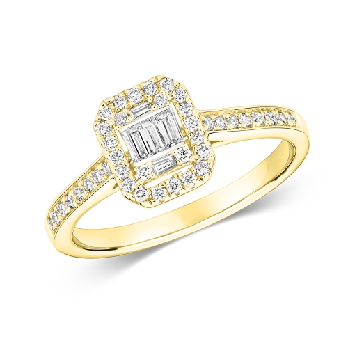 Pave Setting Baguette Yellow Gold Engagement Rings