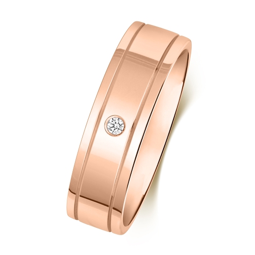Bezel Setting Round Rose Gold Double grooved Band Diamond Rings