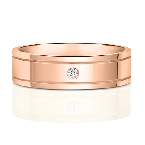 Bezel Setting Round Rose Gold Double grooved Band Diamond Rings