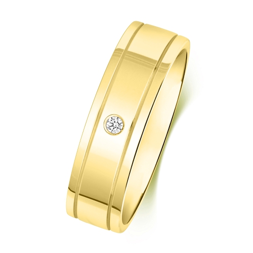 Bezel Setting Round Yellow Gold Double grooved Band Diamond Rings