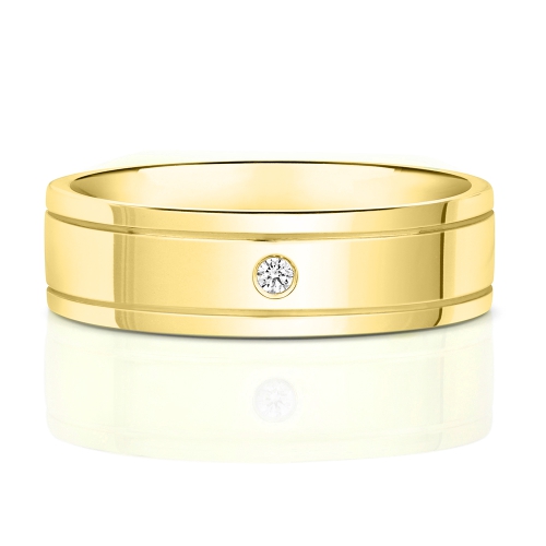 Bezel Setting Round Yellow Gold Double grooved Band Diamond Rings