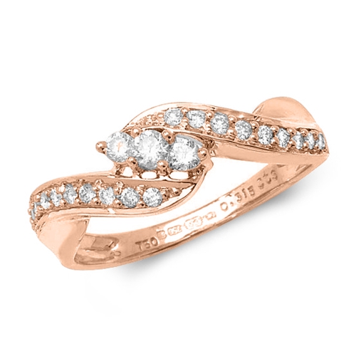 Pave Setting Round Rose Gold Three stone accented twisted Engagement Rings
