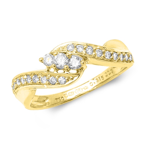 Pave Setting Round Yellow Gold Three stone accented twisted Engagement Rings