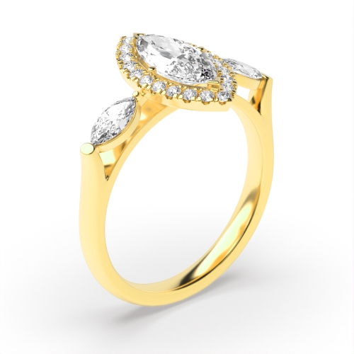 4 Prong Marquise Yellow Gold unique Trilogy Engagement Rings